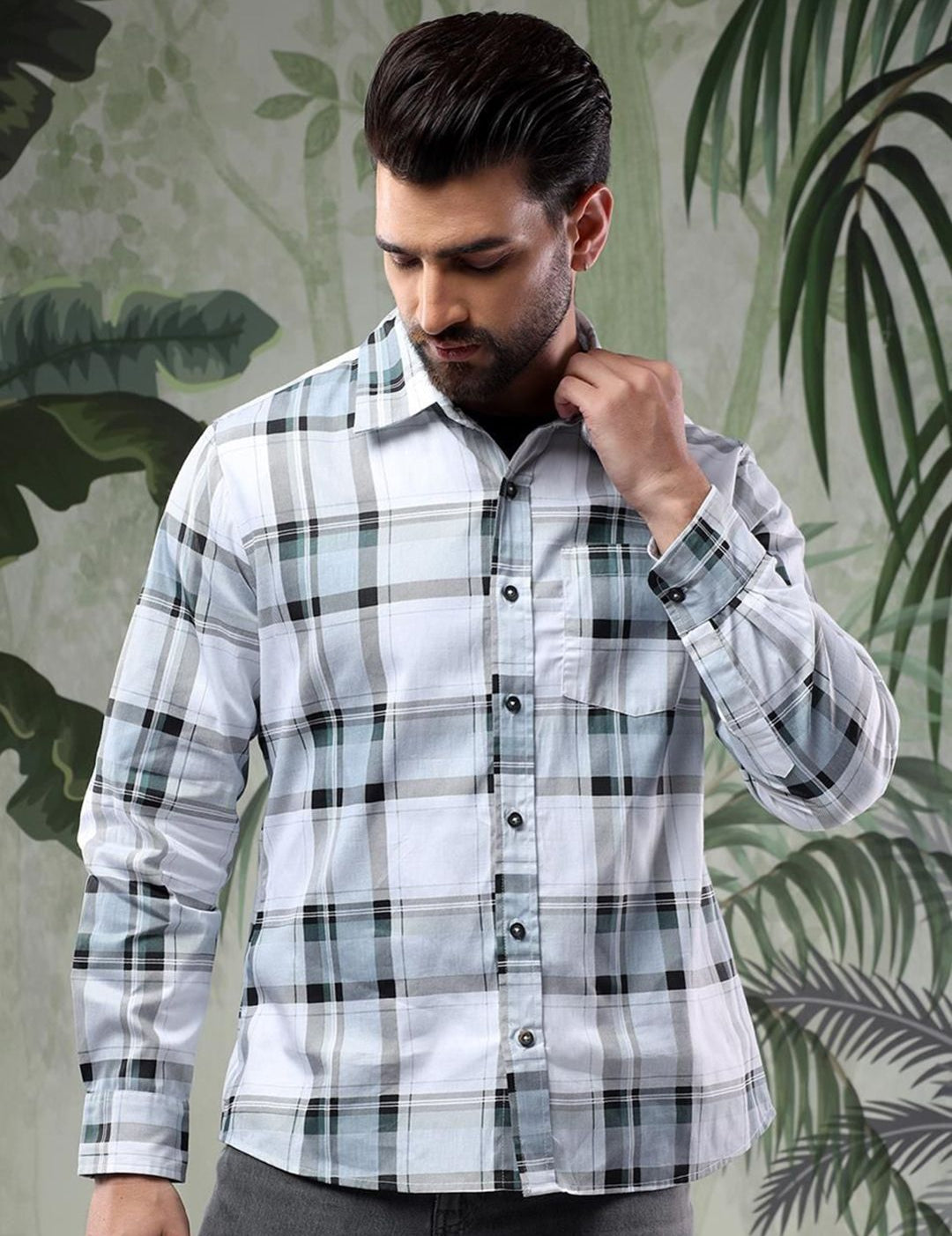 Kotty Men Spread Collar Tartan Checked Casual Shirt
