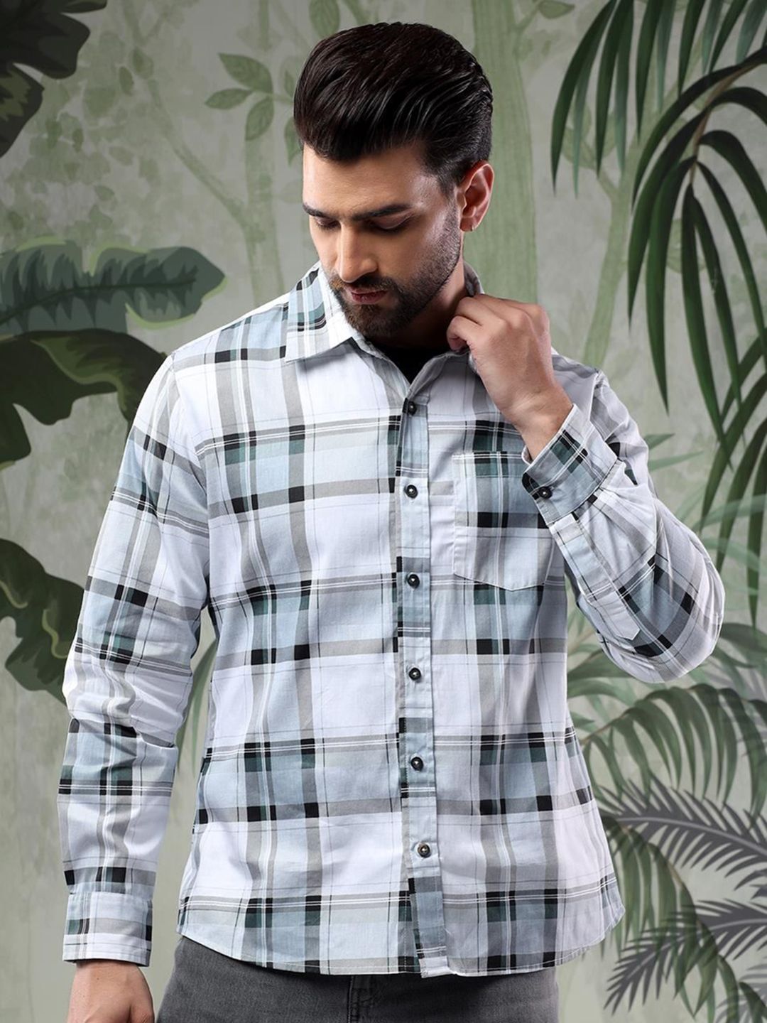 Kotty Men Spread Collar Tartan Checked Casual Shirt