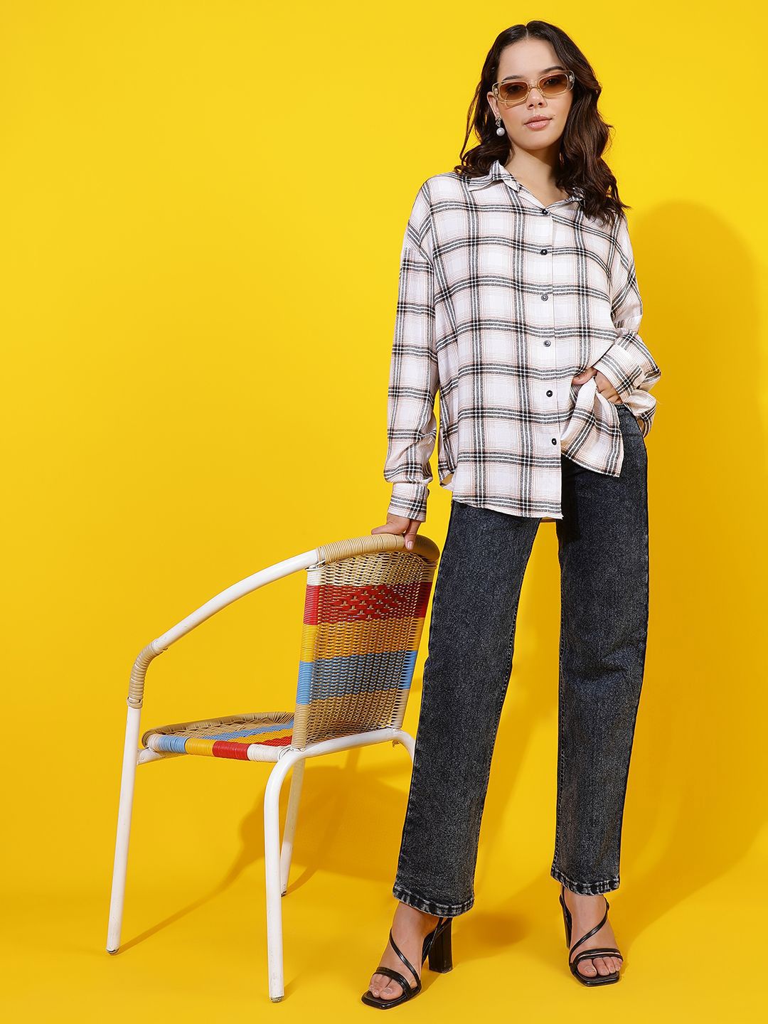 Kotty Women Comfort Spread Collar Buffalo Checked Cotton Oversized Casual Shirt