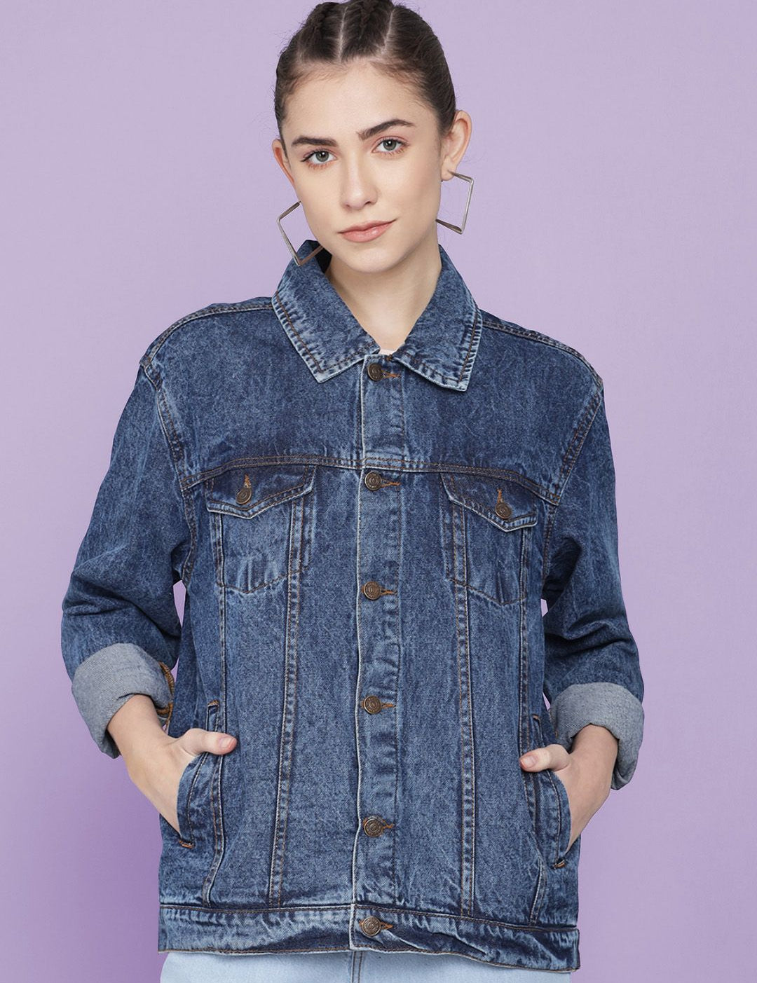 Kotty Women Spread Collar Washed Self Design Cotton Casual Denim Jacket