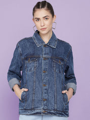 Kotty Women Spread Collar Washed Self Design Cotton Casual Denim Jacket
