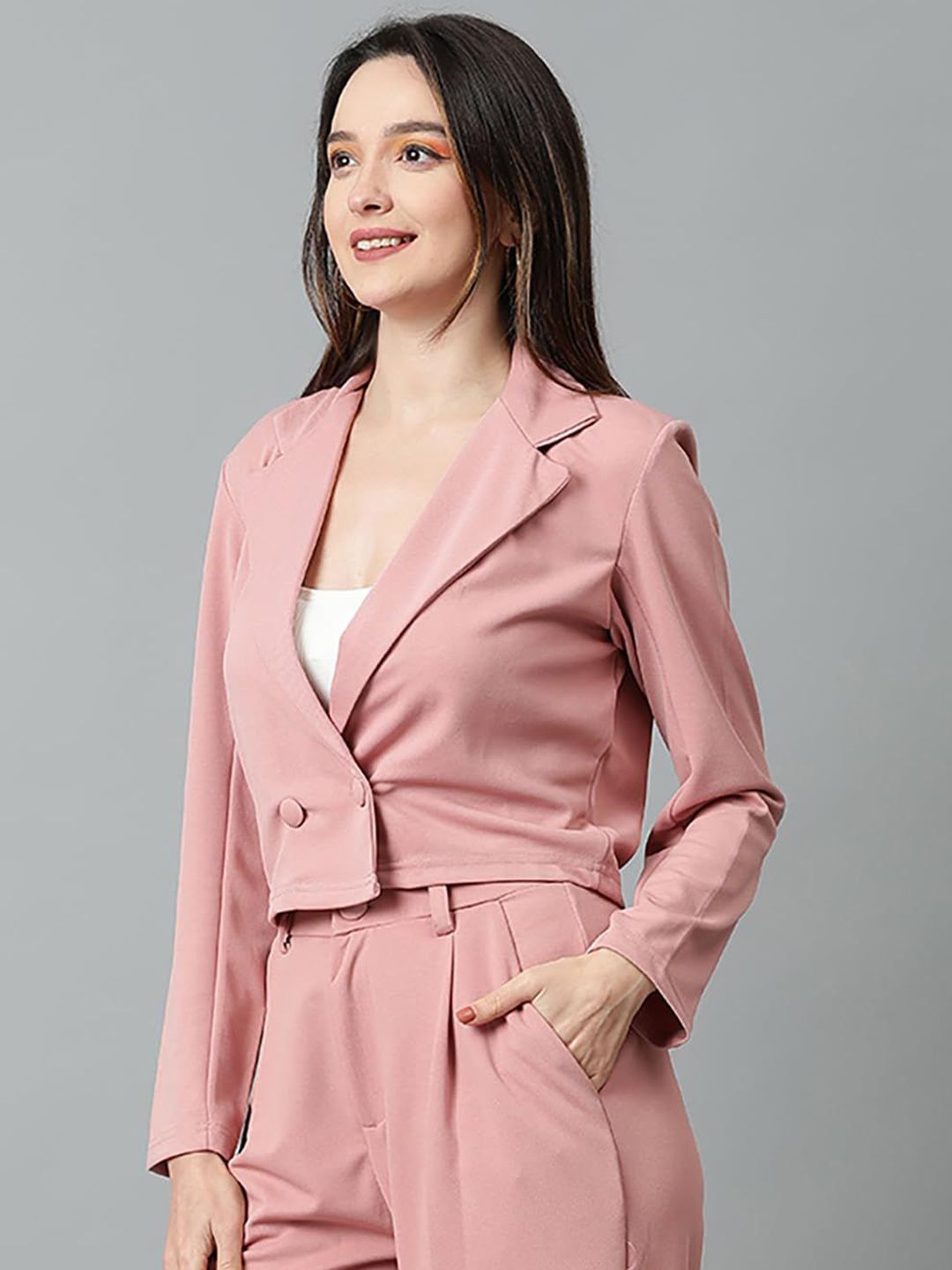 Kotty Notch Lapel Collar Double-Breasted Crop Blazer