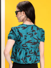 Kotty Print Tie-Up Neck Crepe Crop Top