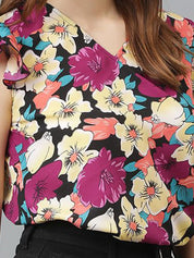 Kotty Women Floral Printed V-Neck Flutter Sleeve Top