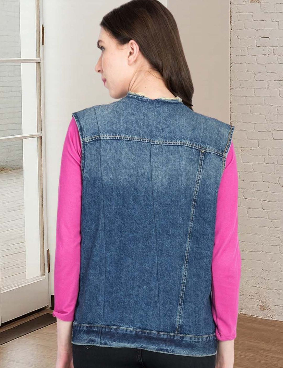 Kotty Women Collarless Solid Denim Jacket