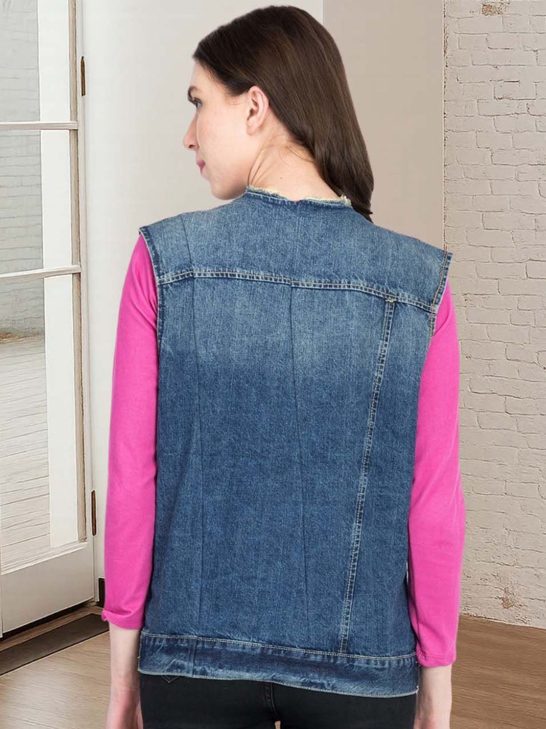 Kotty Women Collarless Solid Denim Jacket