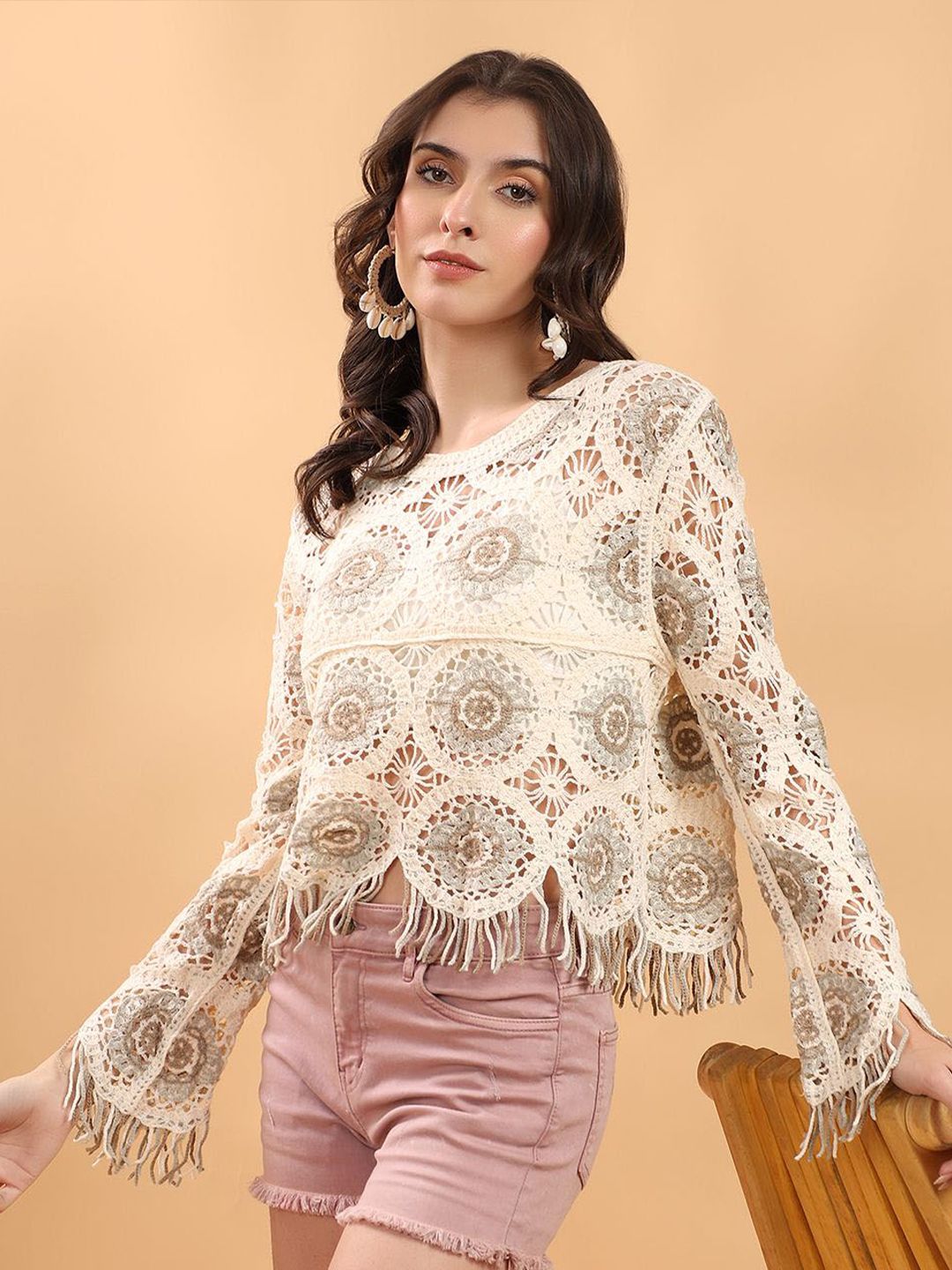 Kotty Self Design Crochet Cotton Top