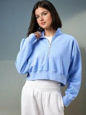 Kotty Women Solid Full Sleeve Mock Collar Crop Sweatshirt