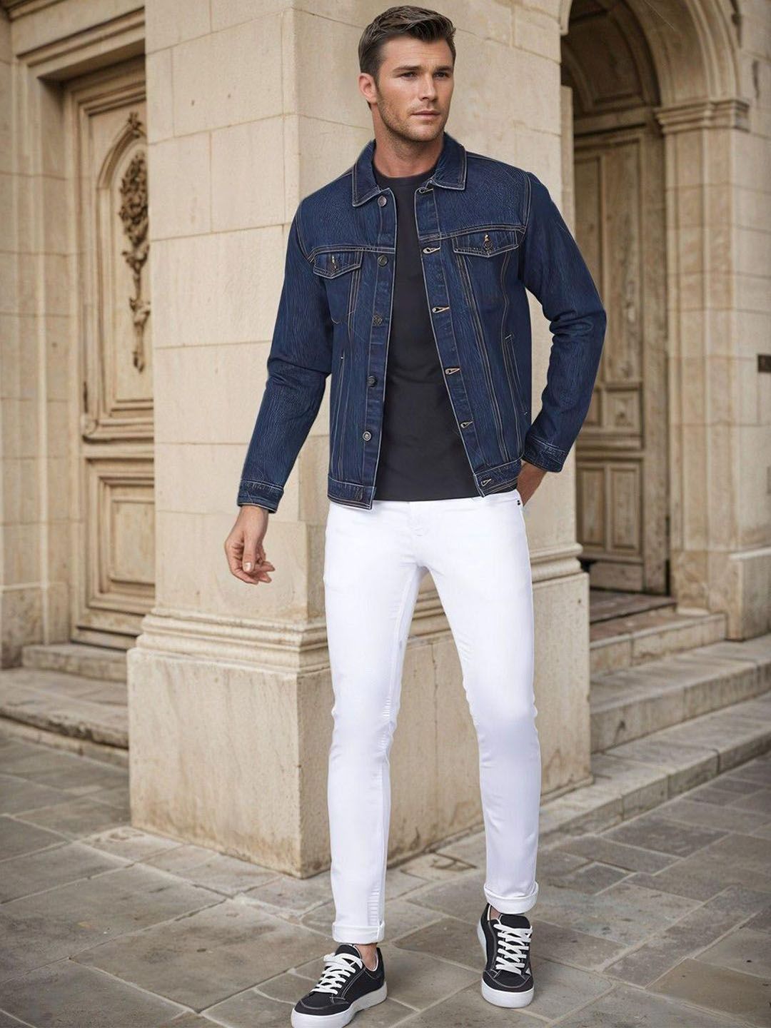 Kotty Men Solid Spread Collar Denim Jacket