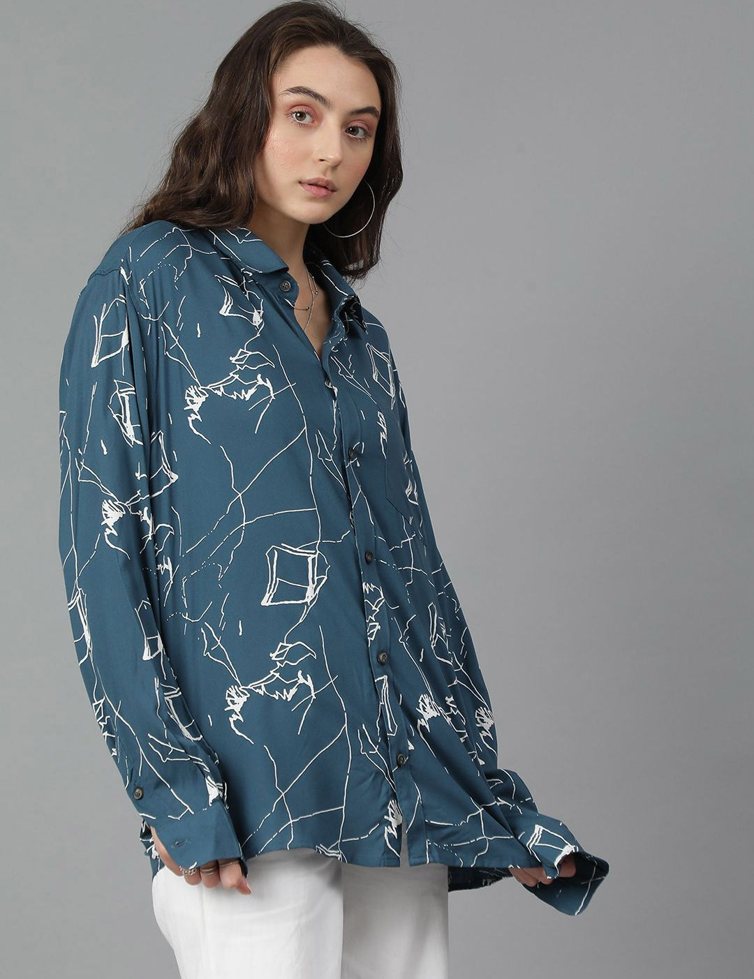 Kotty Women Spread Collar Abstract Printed Cotton Oversized Casual Shirt