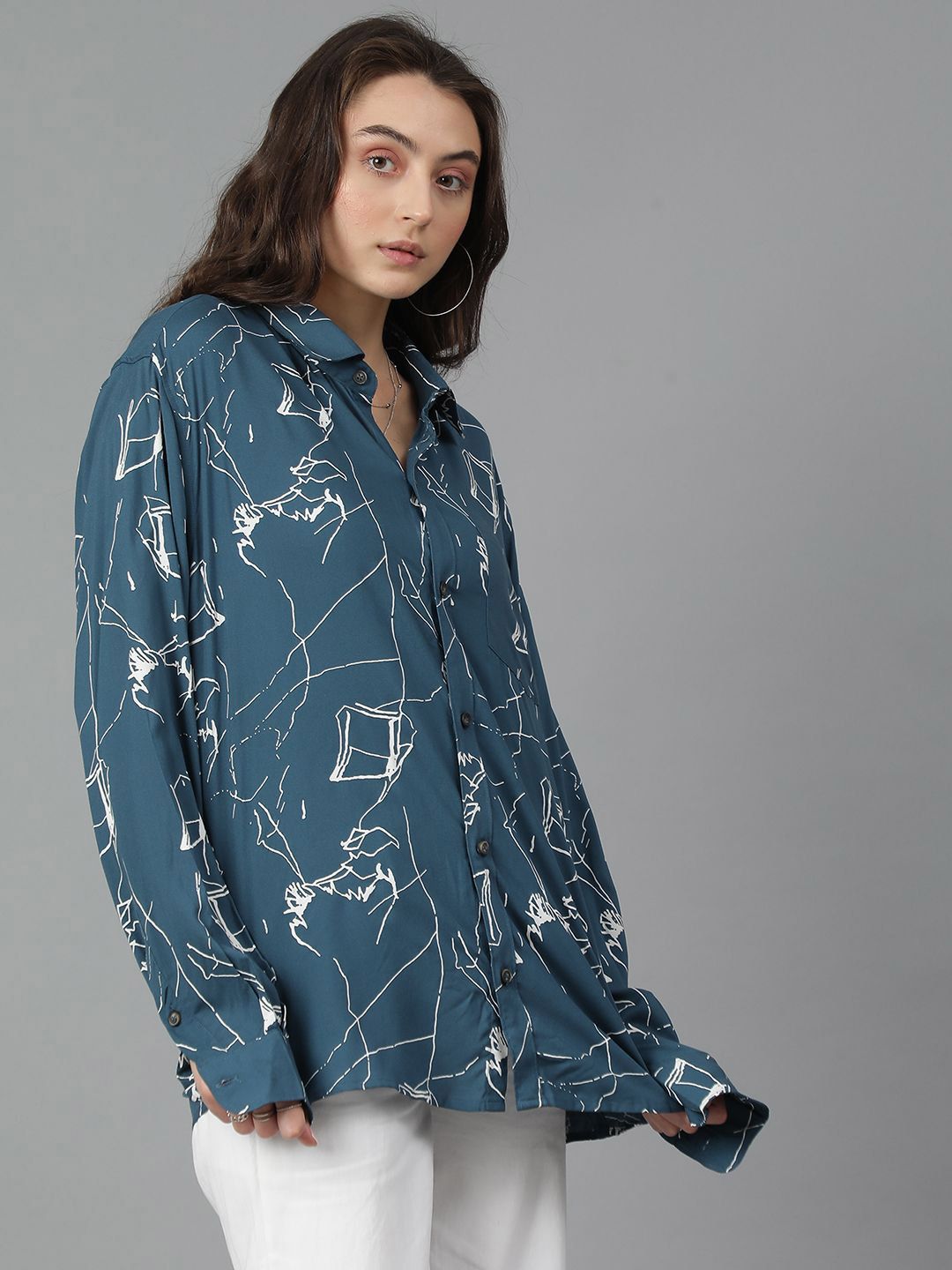 Kotty Women Spread Collar Abstract Printed Cotton Oversized Casual Shirt