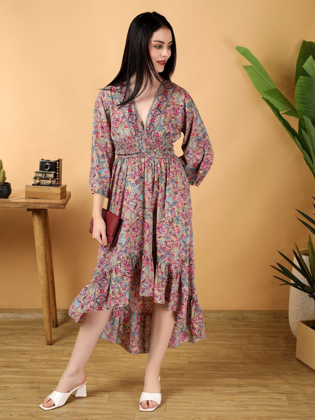 Kotty Printed V-Neck High-Low Hem Empire Midi Dress