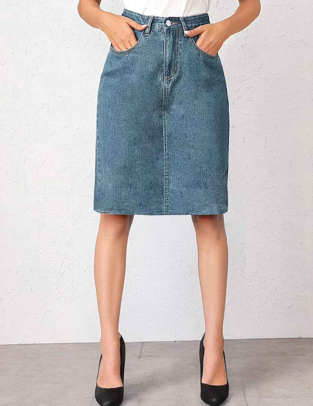 Kotty  Women Solid Denim Pencil Knee-Length Skirt