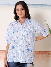 Kotty Women Comfort Fit Floral Printed Spread Collar Linen Casual Shirt