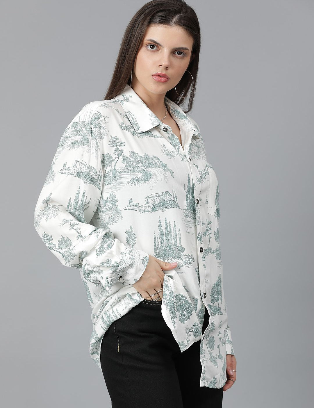 Kotty Women Spread Collar Conversational Printed Cotton Oversized Casual Shirt