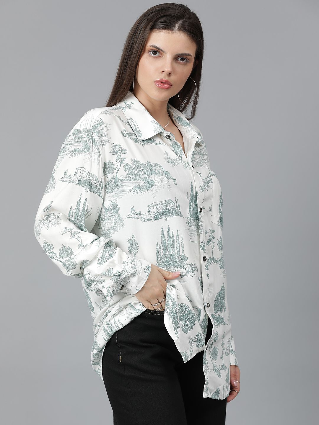 Kotty Women Spread Collar Conversational Printed Cotton Oversized Casual Shirt