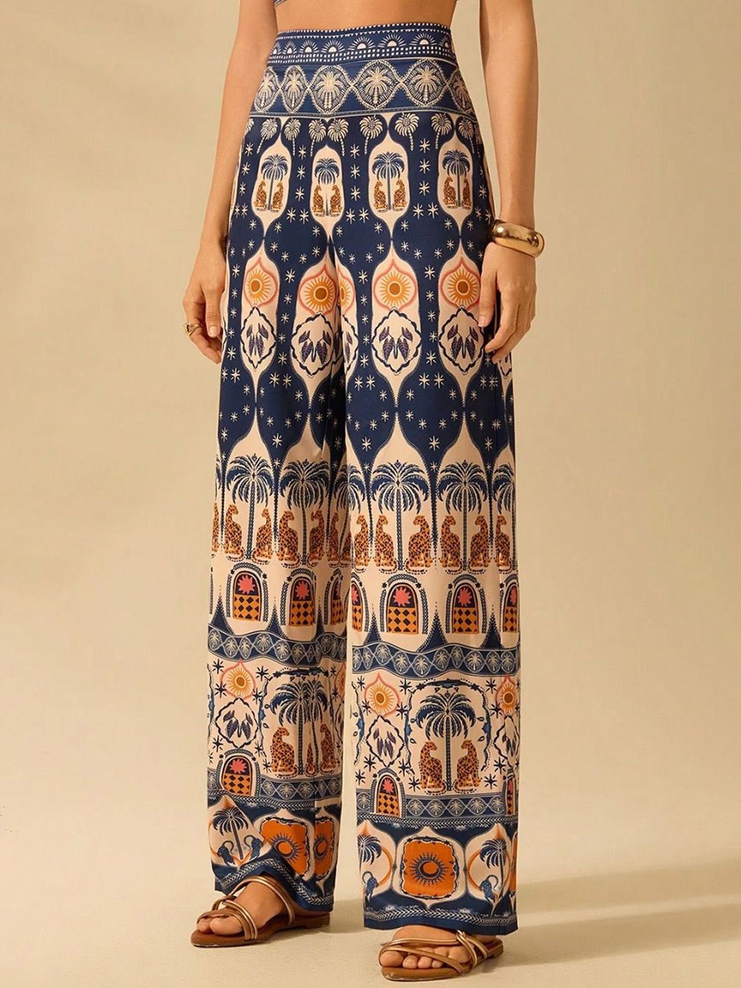 Kotty Women Ethnic Motifs Printed Relaxed Flared High-Rise Trousers
