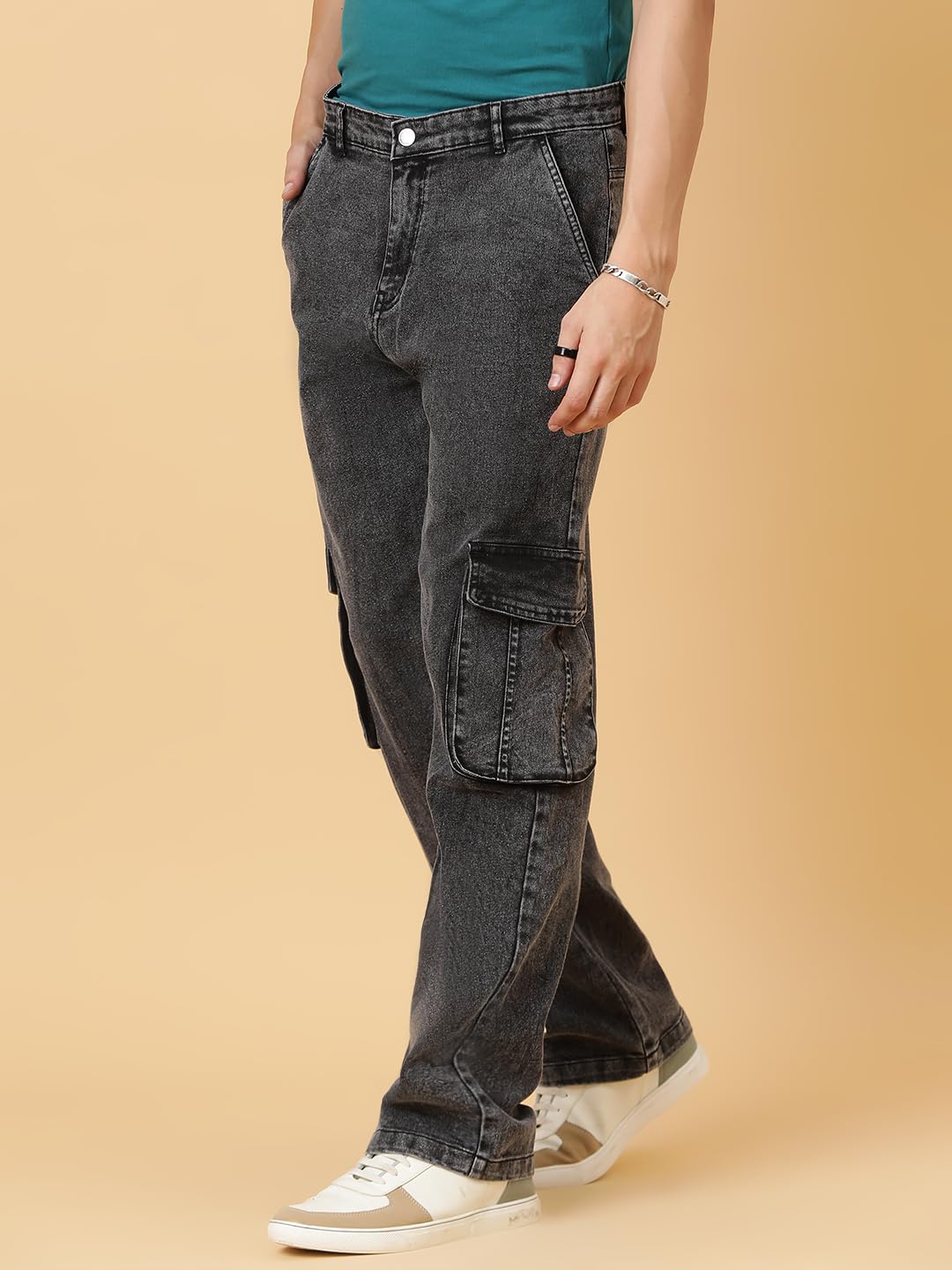 KOTTY Men's Solid Mid Rise Straight Fit Stylish Looking Cargo Jeans