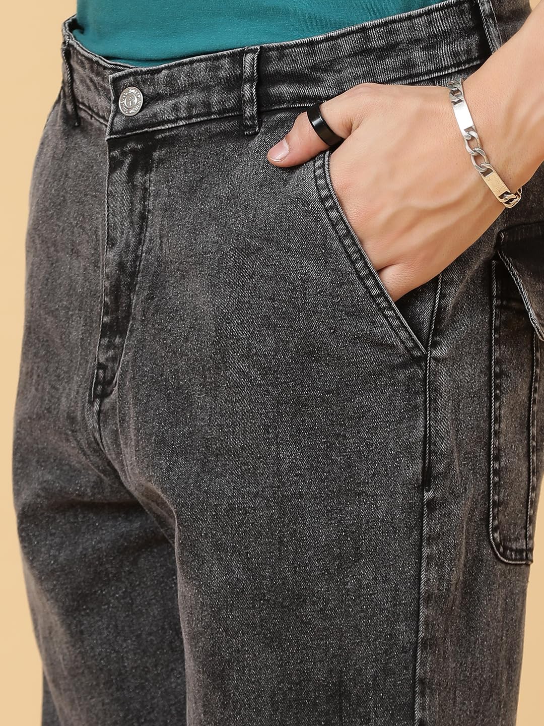 KOTTY Men's Solid Mid Rise Straight Fit Stylish Looking Cargo Jeans