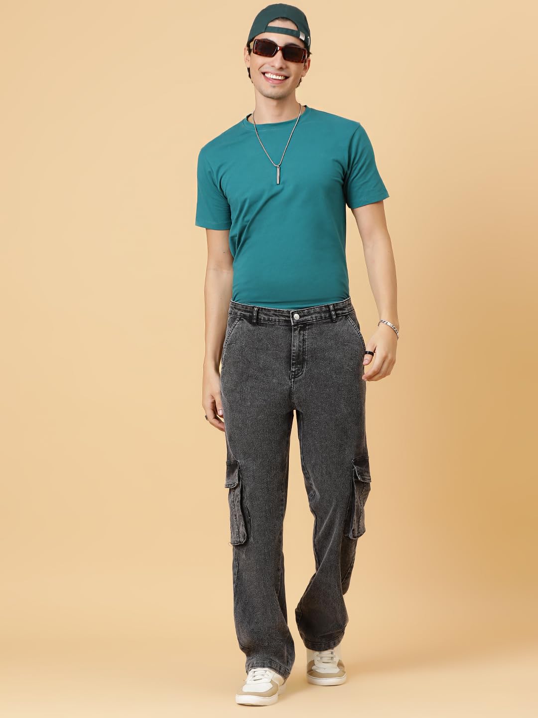 KOTTY Men's Solid Mid Rise Straight Fit Stylish Looking Cargo Jeans