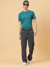 KOTTY Men's Solid Mid Rise Straight Fit Stylish Looking Cargo Jeans