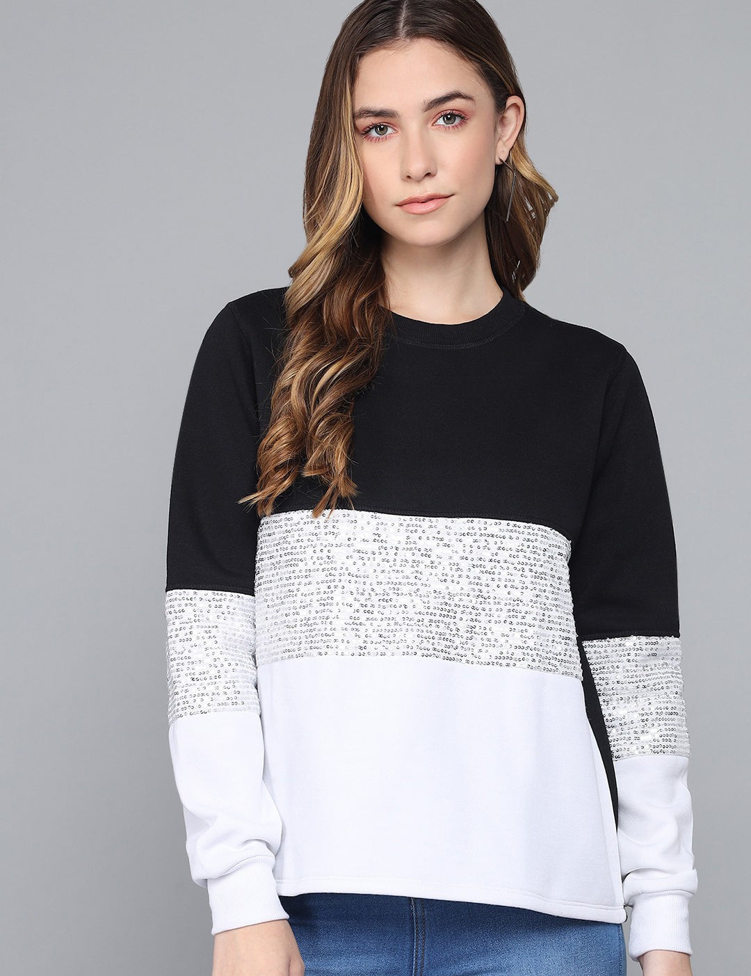 KOTTY Full Sleeve Color Block Women Sweatshirt 