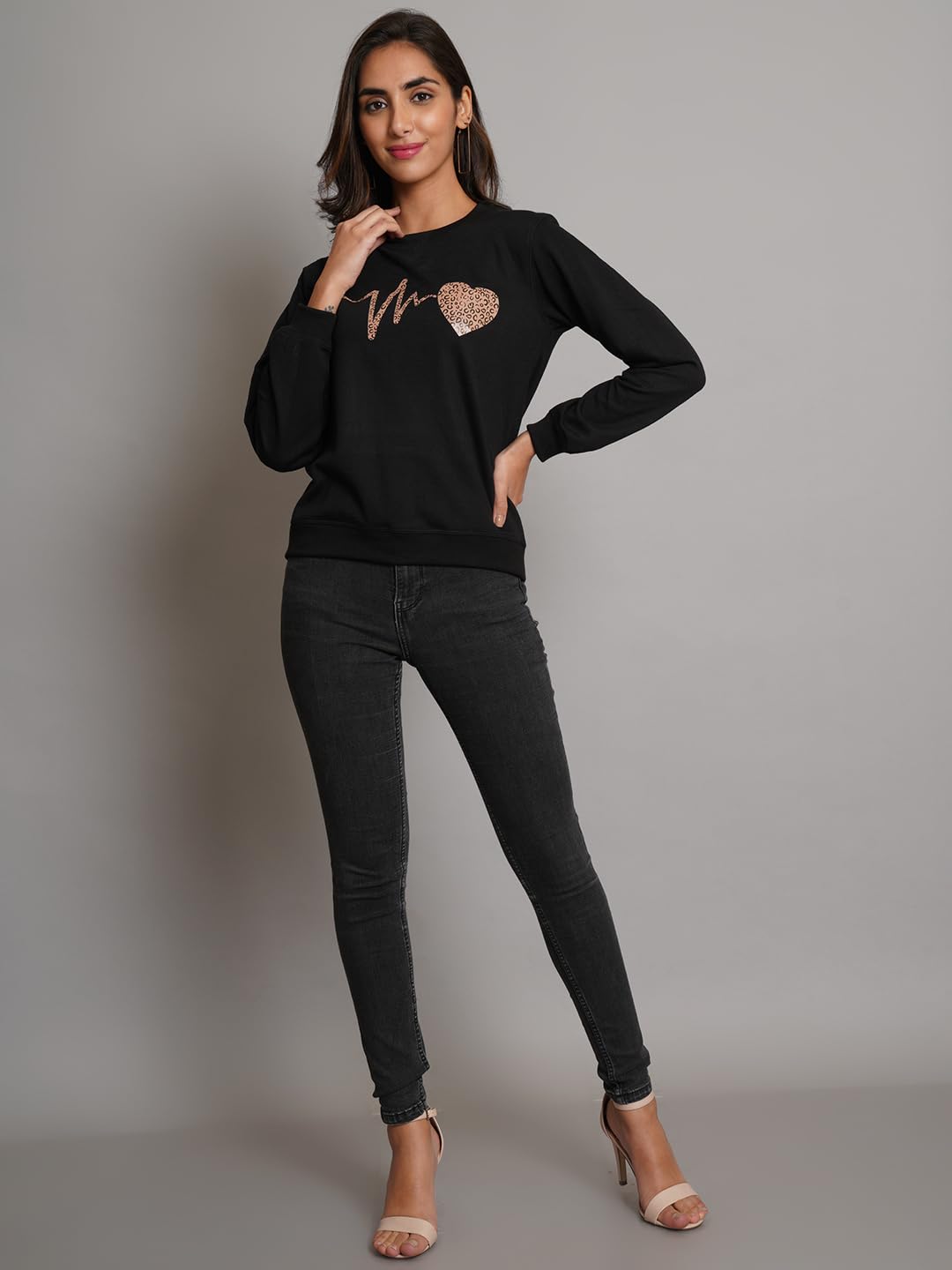 KOTTY Women Fleece Full Sleeve Crew Neck Pinted Sweatshirt
