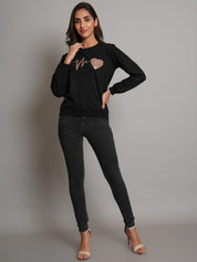 KOTTY Women Fleece Full Sleeve Crew Neck Pinted Sweatshirt