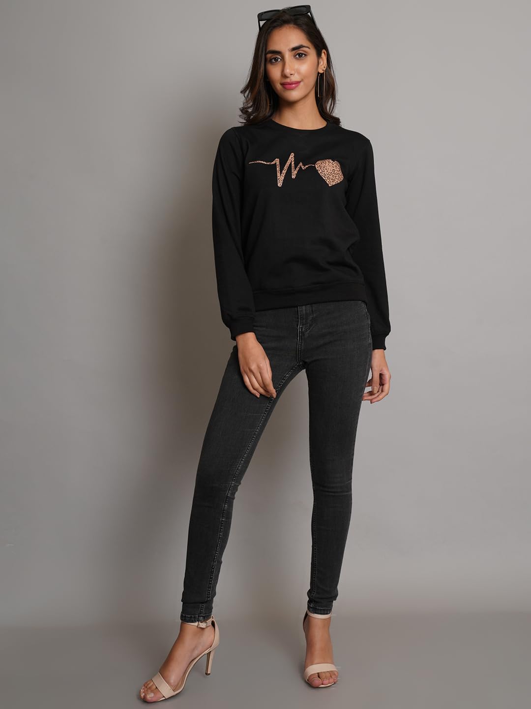KOTTY Women Fleece Full Sleeve Crew Neck Pinted Sweatshirt