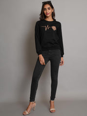 KOTTY Women Fleece Full Sleeve Crew Neck Pinted Sweatshirt