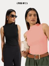 KOTTY Women Pack of 2 Peach Pink Ribbed Top