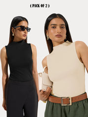 KOTTY Women Pack of 2 Beige Ribbed Top