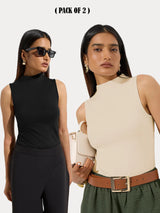 KOTTY Women Pack of 2 Beige Ribbed Top