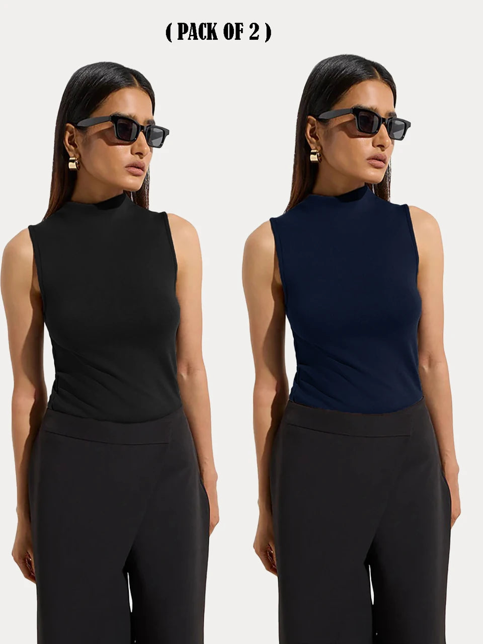 KOTTY Women Pack of 2 Navy Blue Ribbed Top