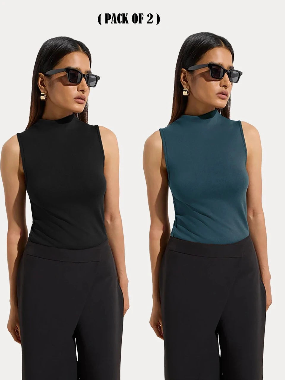 KOTTY Women Pack of 2 Teal Green Ribbed Top