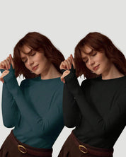 Women's 2-Pack Long Sleeve Crew Neck Tops Teal Black