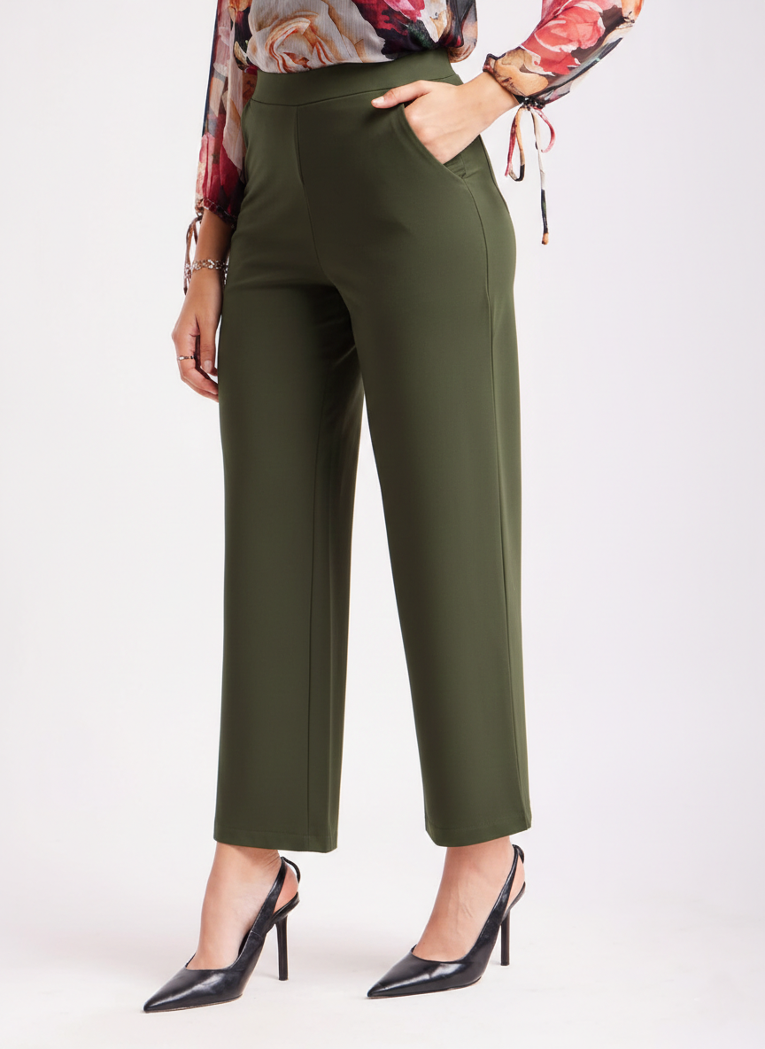 High-Waisted Olive Green Wide-Leg Cropped Trousers
