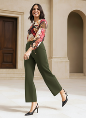 High-Waisted Olive Green Wide-Leg Cropped Trousers