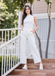 High-Waisted White Wide-Leg Cropped Trousers