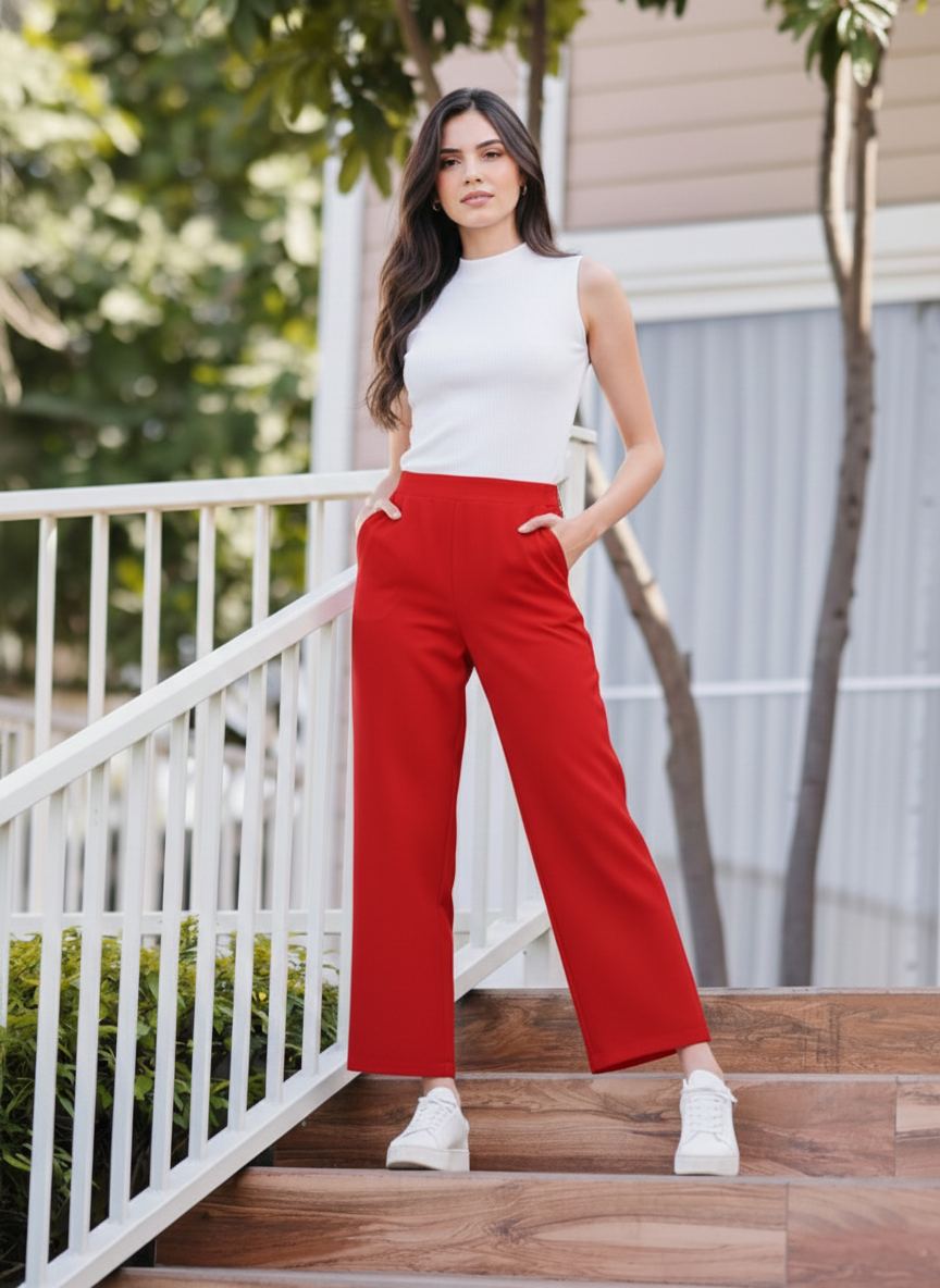 High-Waisted Red Wide-Leg Cropped Trousers