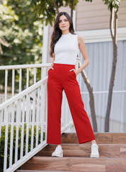 High-Waisted Red Wide-Leg Cropped Trousers