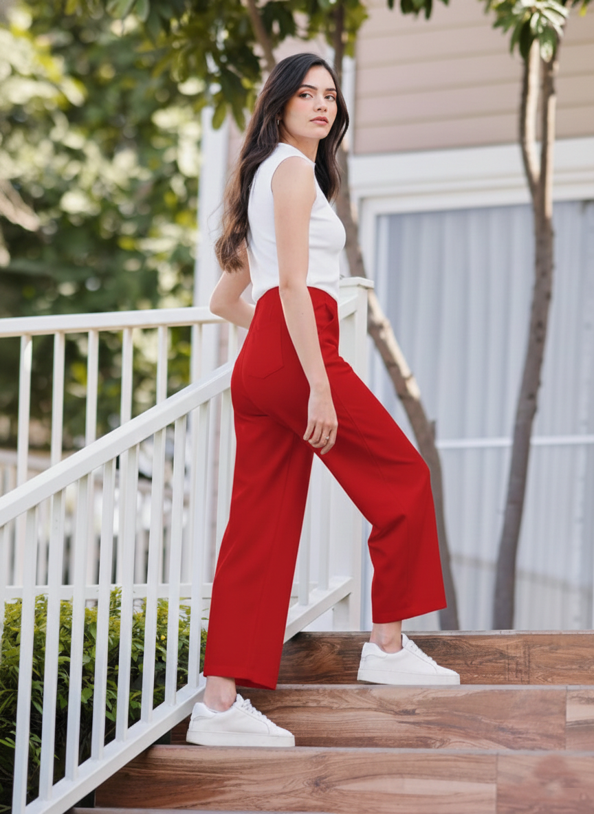 High-Waisted Red Wide-Leg Cropped Trousers