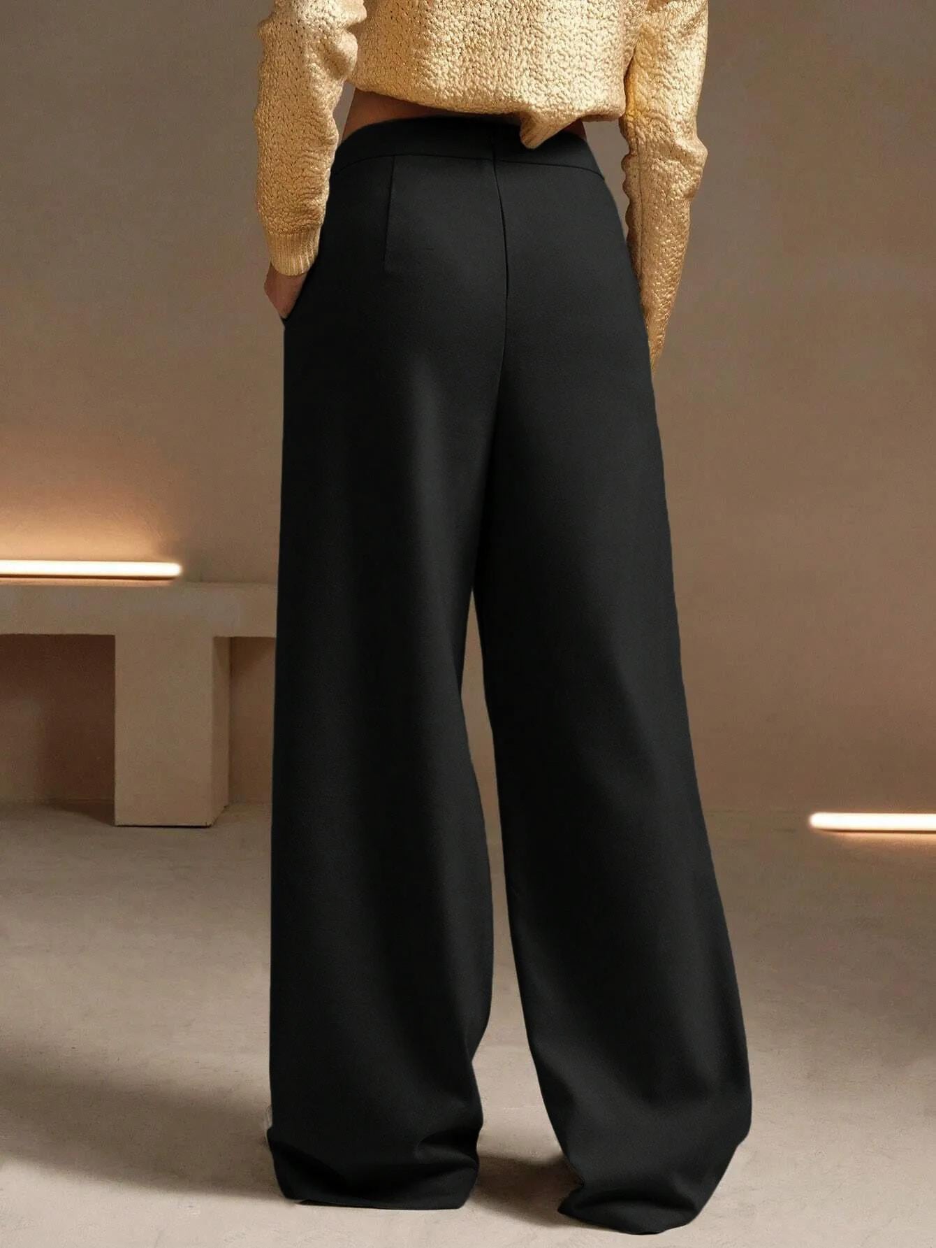 High-Waisted Black Wide-Leg Pleated Trousers