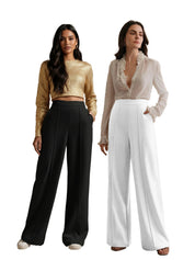 High-Waisted White Wide-Leg Pleated Trousers