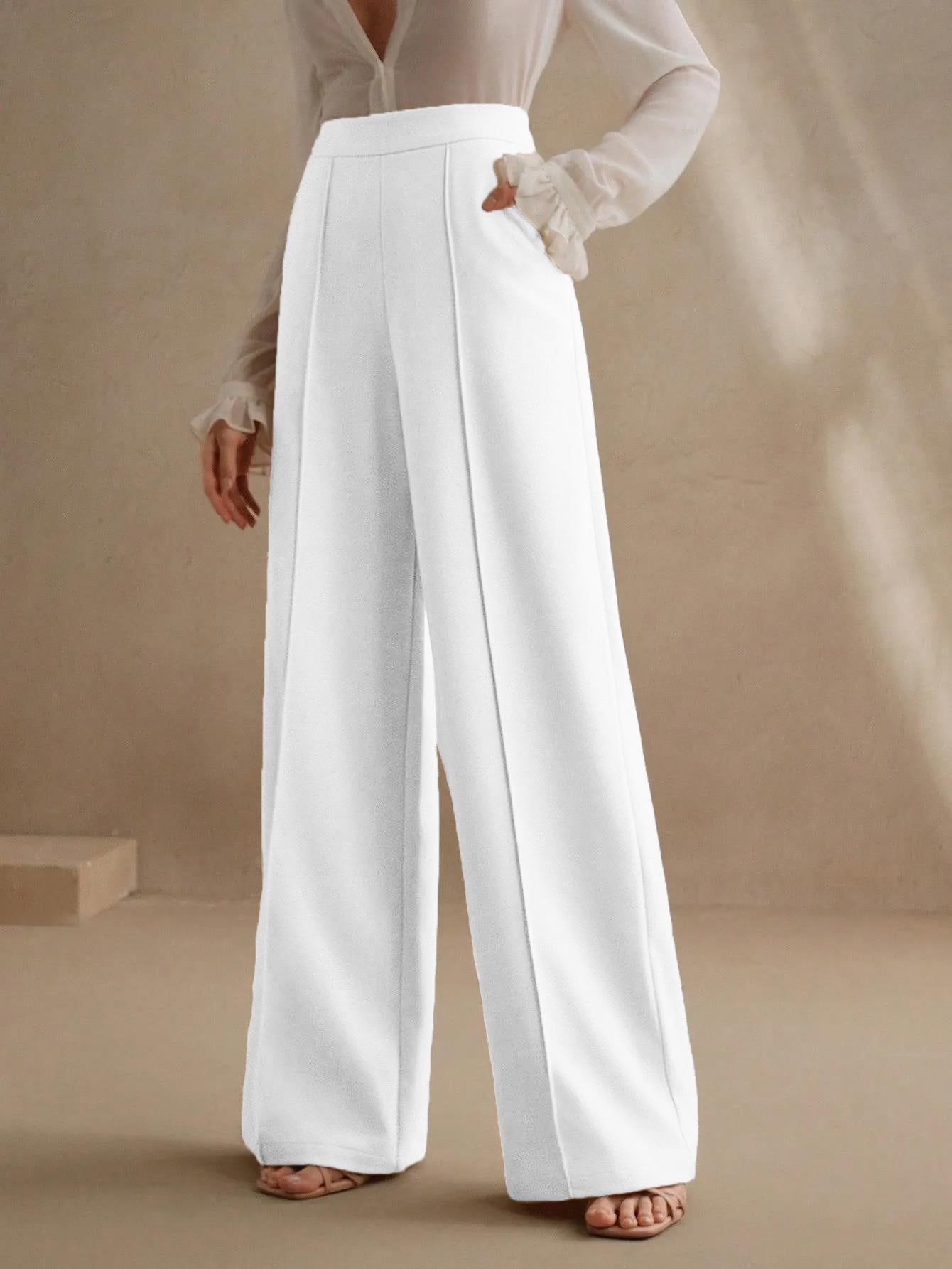 High-Waisted White Wide-Leg Pleated Trousers