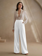 High-Waisted White Wide-Leg Pleated Trousers