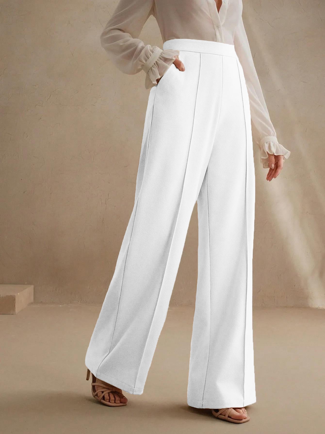 High-Waisted White Wide-Leg Pleated Trousers