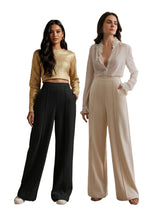 High-Waisted Beige Wide-Leg Pleated Trousers