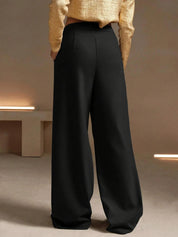 High-Waisted Beige Wide-Leg Pleated Trousers