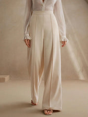 High-Waisted Beige Wide-Leg Pleated Trousers